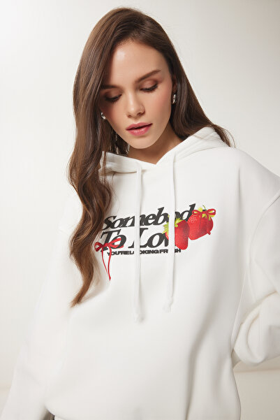 Lovelyİstanbul Knitted Hooded Slogan Sweatshirt - Ekru Lub0076