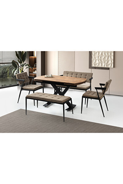 Viento Mobilya Still Diş Budak Desen Açılır 130X80 Masa 6 Kişilik Keten Kumaş...