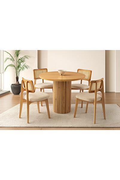 Viento Mobilya Hilton Naturel Açılır 100X100 Masa 4 Kişilik Bukle Kumaş Ahşap...