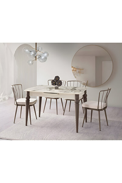 Viento Mobilya Venüs Venezia Highgloss Açılır 120X80 Masa Ay 6 Kişilik Krem B...