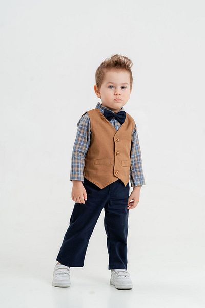 Magu Baby Boy Bow Tie Vest Checked Shirt with Pants Bottom-Top Set