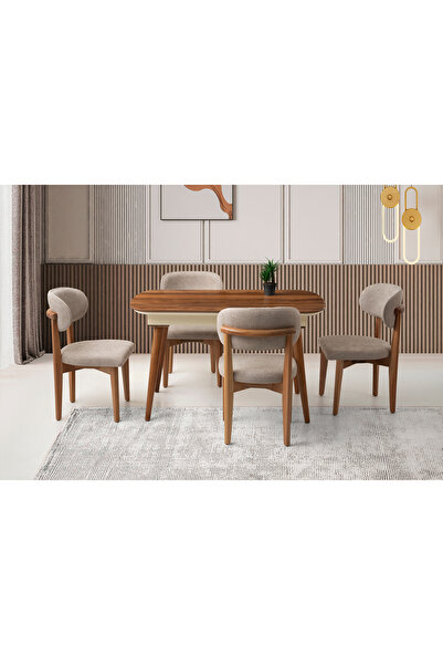 Viento Mobilya Çınar Açılır Ahşap Ayak 130X80 Masa 6 Kişilik Bukle Kumaş Natu...