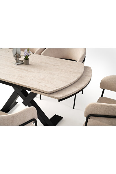 Viento Mobilya Still Koyu Gri Highgloss Açılır 130X80 Masa 4 Kişilik Bukle Kumaş Metal Gözde Sandalye Masa Takımı