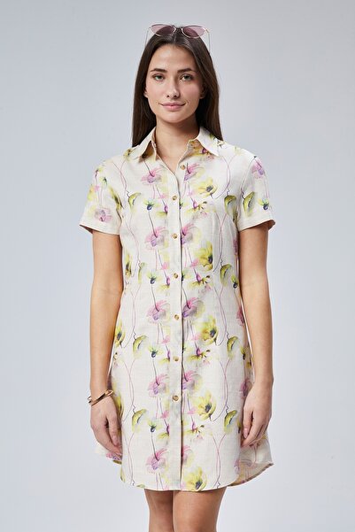 Butik Γυναικείο φόρεμα μπεζ με κίτρινο ροζ λουλουδάτο μοτίβο εισαγόμενο λινό Sofia