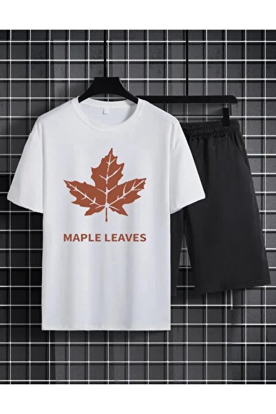 caddekombin Set scurt cu imprimeu cu frunze de platane alb-negru - Potrivire ...