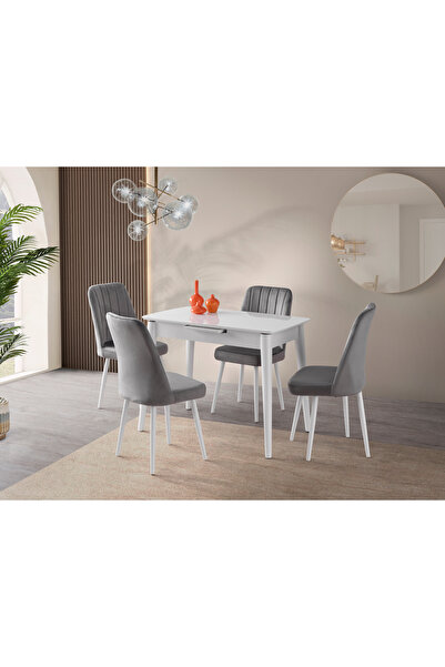 Viento Mobilya Venüs Beyaz Highgloss Açılır 100X60 Masa Nil 4 Kişilik Gri Bab...