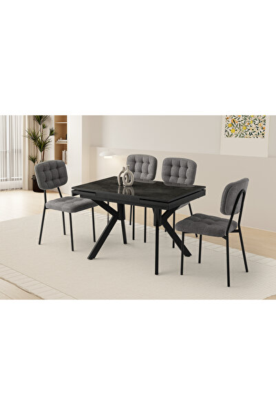 Viento Mobilya Petra Irony Highgloss Açılır 110X70 Masa 4 Kişilik Bukle Kumaş...