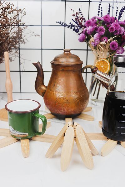 Destpak Bamboo Trivet Set of 4 - Practical Folding, Wooden Coasters
