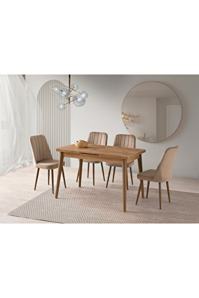 Viento Mobilya Polo Antik Çam Desen Açılır 120X70 Masa Nil 4 Kişilik Vizon Babyface Kumaş Sandalye Masa Takımı