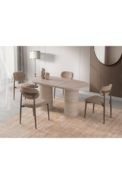 Viento Mobilya Bohem Traverten Desen MDF Sabit 180X90 Masa Liza 4 Kişilik Vizon Bukle Kumaş Sandalye Masa Takımı