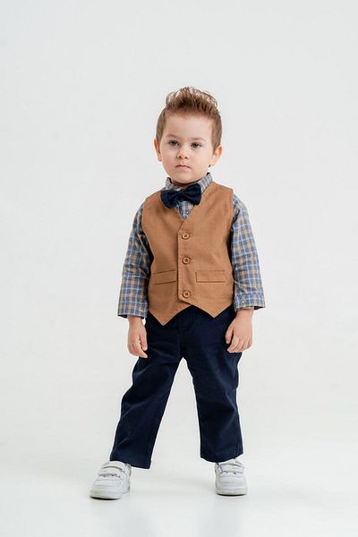 Magu Baby Boy Bow Tie Vest Checked Shirt with Pants Bottom-Top Set
