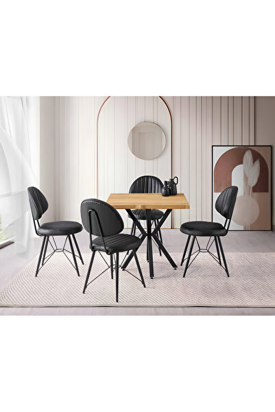 Viento Mobilya Kütük Leglano Desen MDF Sabit 80X80 Masa Ahtapot 4 Kişilik Siy...