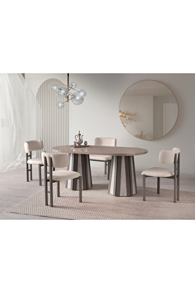 Viento Mobilya Bohem Cappucino Highgloss Sabit 180X90 Masa Tuna 8 Kişilik Krem Bukle Kumaş Sandalye Masa Takımı