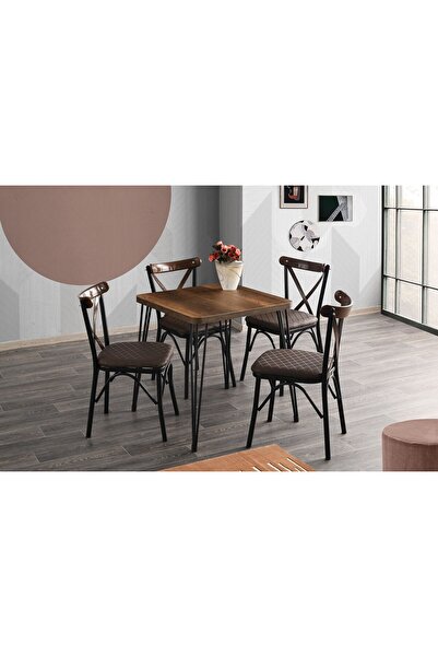 Viento Mobilya Aras Barok Ceviz Renk Sabit 70X70 Masa 4 Adet Kişilik Suni Der...
