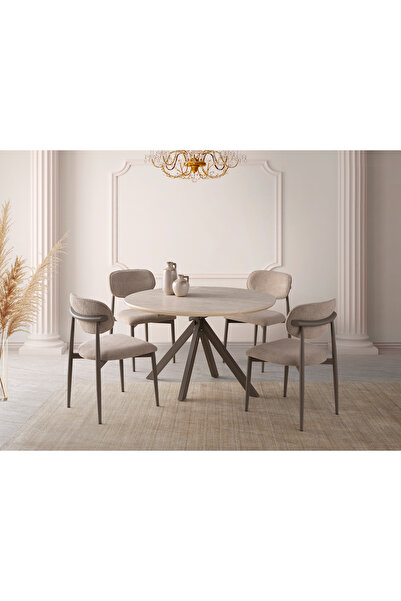 Viento Mobilya Nova Traverten MDF Yandan Açılır 120X70 Masa Liza 6 Kişilik Vizon Bukle Kumaş Sandalye Masa Takımı