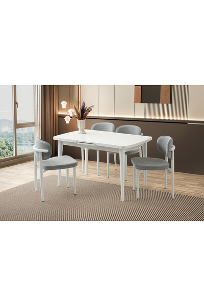 Viento Mobilya Silva Beyaz Renk Açılır 130X80 Masa 4 Kişilik Bukle Kumaş Meta...