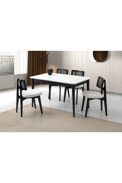 Viento Mobilya Fidan Beyaz Siyah Etek Açılır 130X80 Masa 6 Kişilik Bukle Kuma...