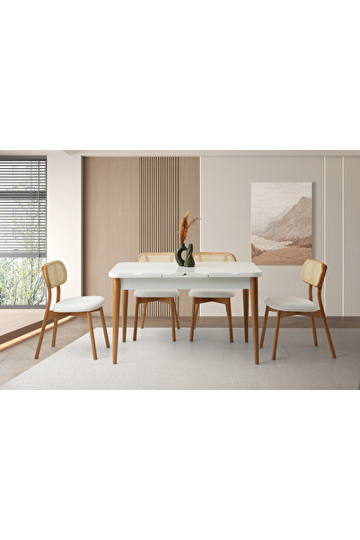 Viento Mobilya Kelebek Kütük Kar Beyaz HG Açılır 130X80 Masa 4 Adet Bukle Kum...