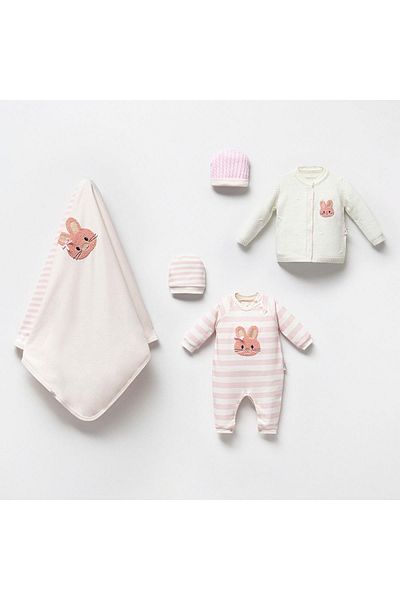 Magu Baby Boy Cotton Bear Patterned 5 Piece Hospital Discharge Bodysuit Set with Plaid Blanket