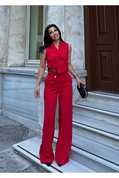 pembekurdelem Set roșu de vestă și pantaloni asimetric pentru femei