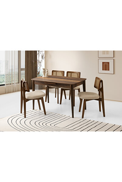 Viento Mobilya Milano Barok Ceviz Desen Açılır 120X70 Masa 4 Adet Bukle Kumaş...