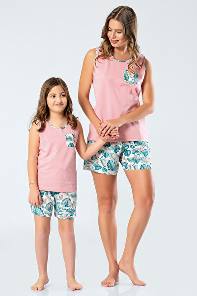 TÜREN 3342 Комплект безръкавни шорти с тъкани листа за майка и дъщеря - пудра