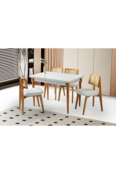 Viento Mobilya Smart Beyaz Renk Açılır 110X70 Masa 4 Kişilik Bukle Kumaş Ahşa...