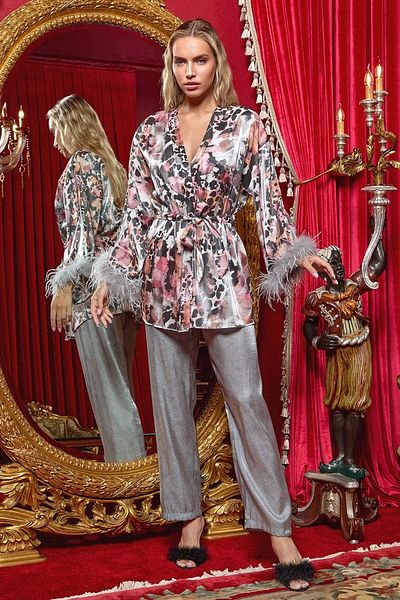 Aqua Rana 25156 Satin Otriş and Pattern Detail Dressing Gown Pajamas Set