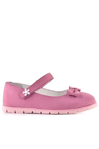 Rakerplus Genuine Leather Pink Bow Flower Detailed Velcro Girls' Ballerinas