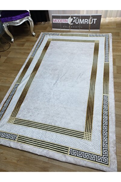 Zümrüt Ev Tekstil Lastikli Süngerli Kaymaz Halı Örtüsü Modern Desen Talia Krem Renk