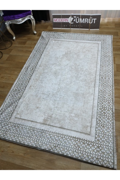 Zümrüt Ev Tekstil Lastikli Süngerli Kaymaz Halı Örtüsü Çerçeve Desen Sedef Krem Renk