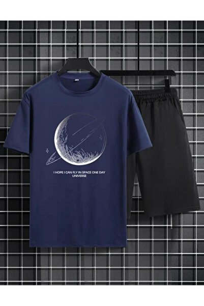 caddekombin Saturn Printed Black and Navy Comfortable Short Set with Ring - B...