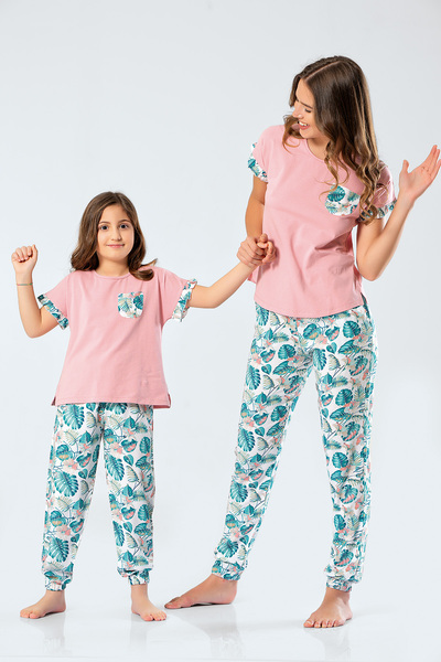 TÜREN 3341 Mother & Daughter Woven Leaf Short Sleeve Pajama Set - Powder