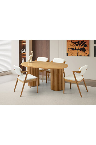 Viento Mobilya Orkide Naturel Sabit 160X90 Masa 8 Kişilik Bukle Kumaş Ahşap R...