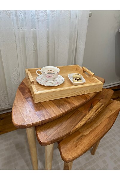 Ahşap Zigon Sehpa 3'lü Set, Modern Masif Kayın Yan Sehpa