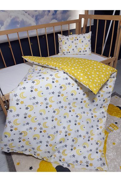 bebek iklimi 5 Pieces 90X130 Baby Sleeping Set - Crescent Star Yellow Quilt Pillow Sheet Set
