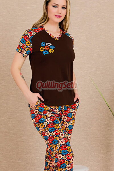 quilling Brown and Floral Print Lady 12487 Cotton Short Sleeve Women's Choice Pajamas Set