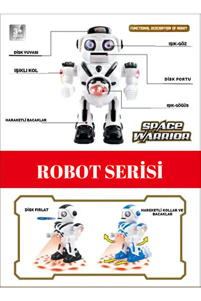 welcomein Mavi Büyük Boy Disk Atan Yürüyen Oyuncak Uzay Savaşçısı Robot Sesli Işıklı ve Pilli Robot +3 Yaş