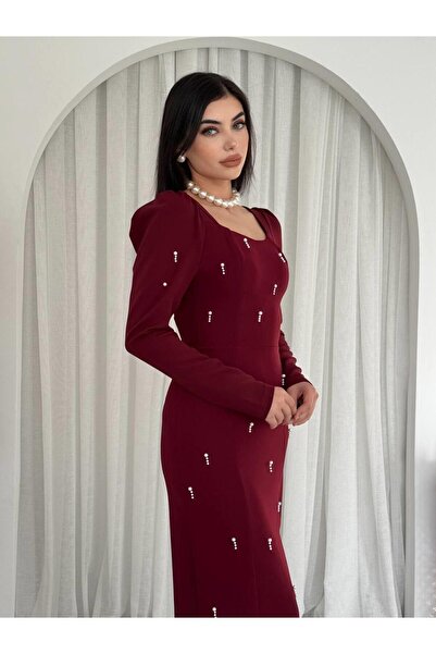 Julidress Premium Long Pencil Dress with Slit Square Neck Pearl Detail