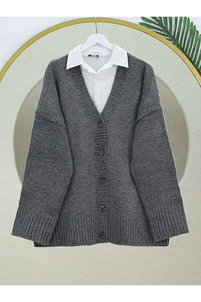 Modamorfo Smoked Colored Oversize Knitwear Cardigan - Buttoned