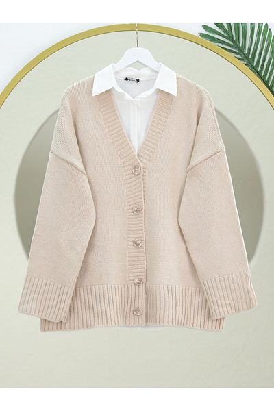 Modamorfo Beige Color Oversize Knitwear Cardigan - Buttoned