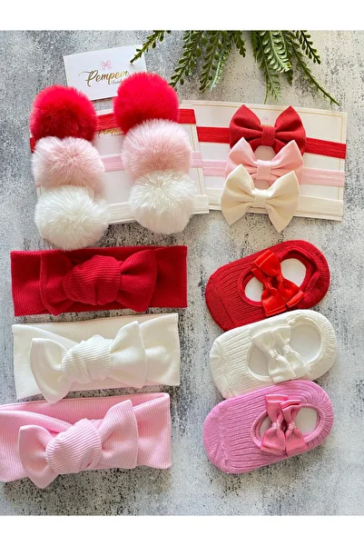 pempem bandana Baby Girl Pompom Tape, Bow Tie Tape,Ribana Bandana,Babet Socks Set 12 Pieces