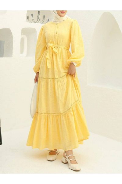 Modamorfo Ruffled Lace Stripe Detail Dress with Skirt -Yellow