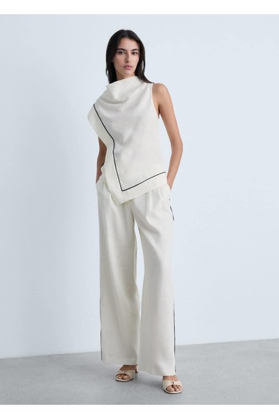 MANGO Woman Kontrast çizgili keten pantolon