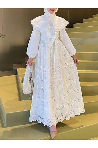 Modamorfo Rochie cu guler pelerina din dantela -Alba