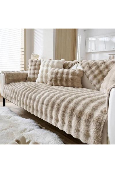 MER HOME Thick Diamond Patterned Embossed Rabbit Plush for Three-Seater Sofa (1Pc) 80*190cm Size (Stone)