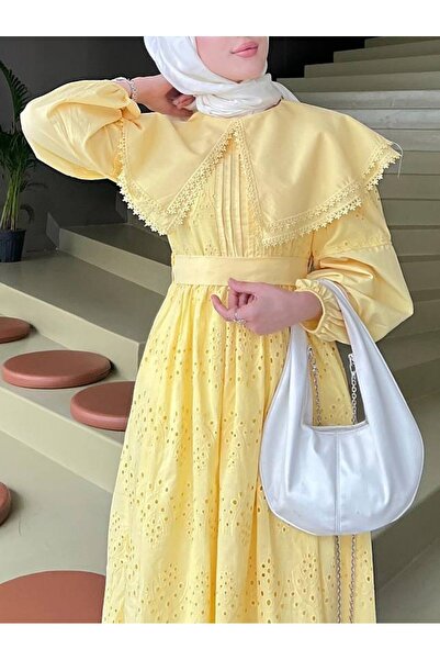 Modamorfo Pelerin Yaka Dantel Detaylı Elbise  -Sarı