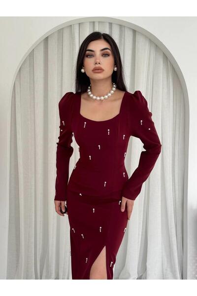 Julidress Premium Long Pencil Dress with Slit Square Neck Pearl Detail