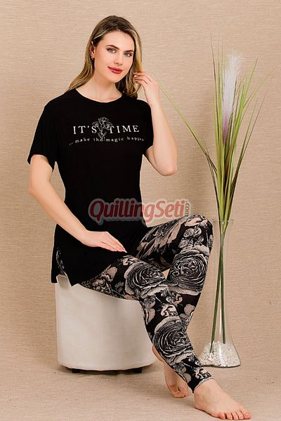quilling Set de pijamale cu mânecă scurtă pentru femei, din bumbac, cu model de flori de culoare neagră și crem, Lady 12485