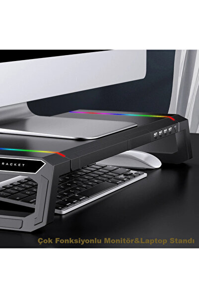 ShopFast Bilgisayar Monitör Yükseltici Laptop Sehpası RGB 4 USB Hub Yükseklik Ayarlı Monitör Standı